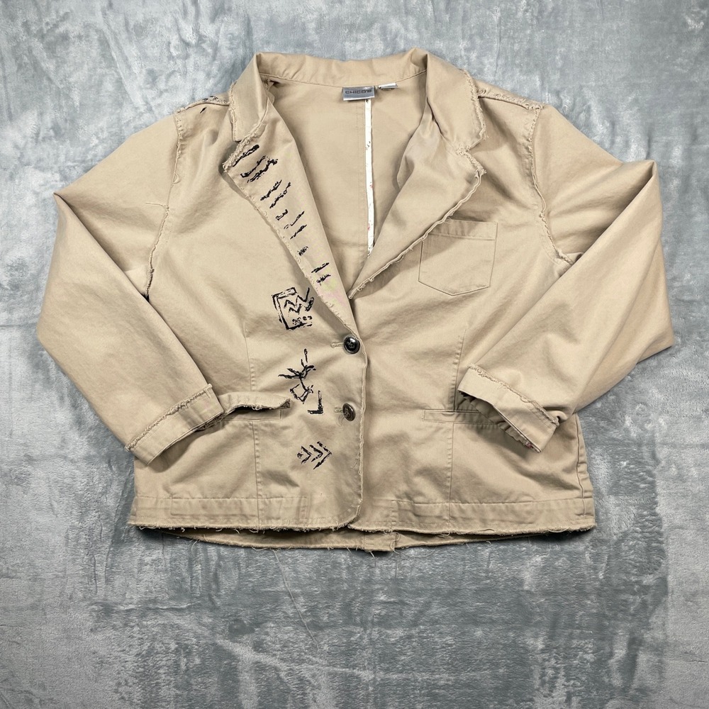 Chico's Women's Beige‎ Blazer Jacket Abstract Motif Design Raw Hem Boho Size 3